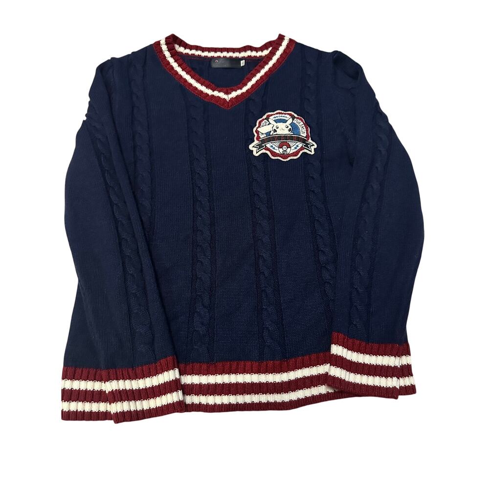 Pokemon Center Pikachu Cable Knit V-Neck Cricket Sweater Navy Burgundy Cream